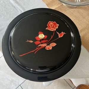 VTG Black Asian Lacquer Ware Lazy Susan Red & Black  5 Sections Server + Lid